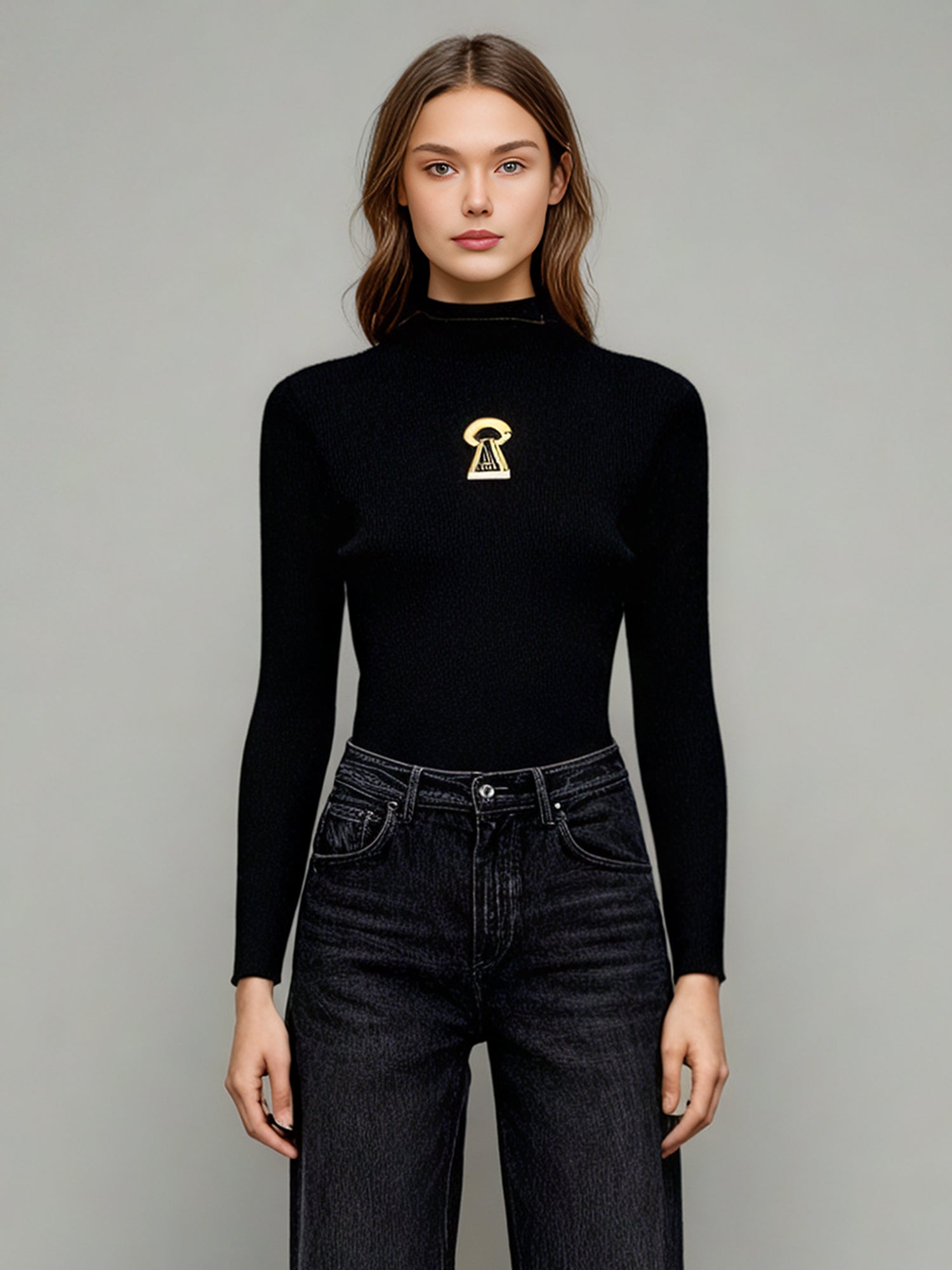 Black Ribbed Sweater with Gold Keyhole Embellishment - SISPELL