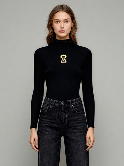 Black Ribbed Sweater with Gold Keyhole Embellishment - SISPELL