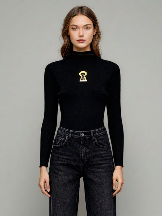 Black Ribbed Sweater with Gold Keyhole Embellishment - SISPELL