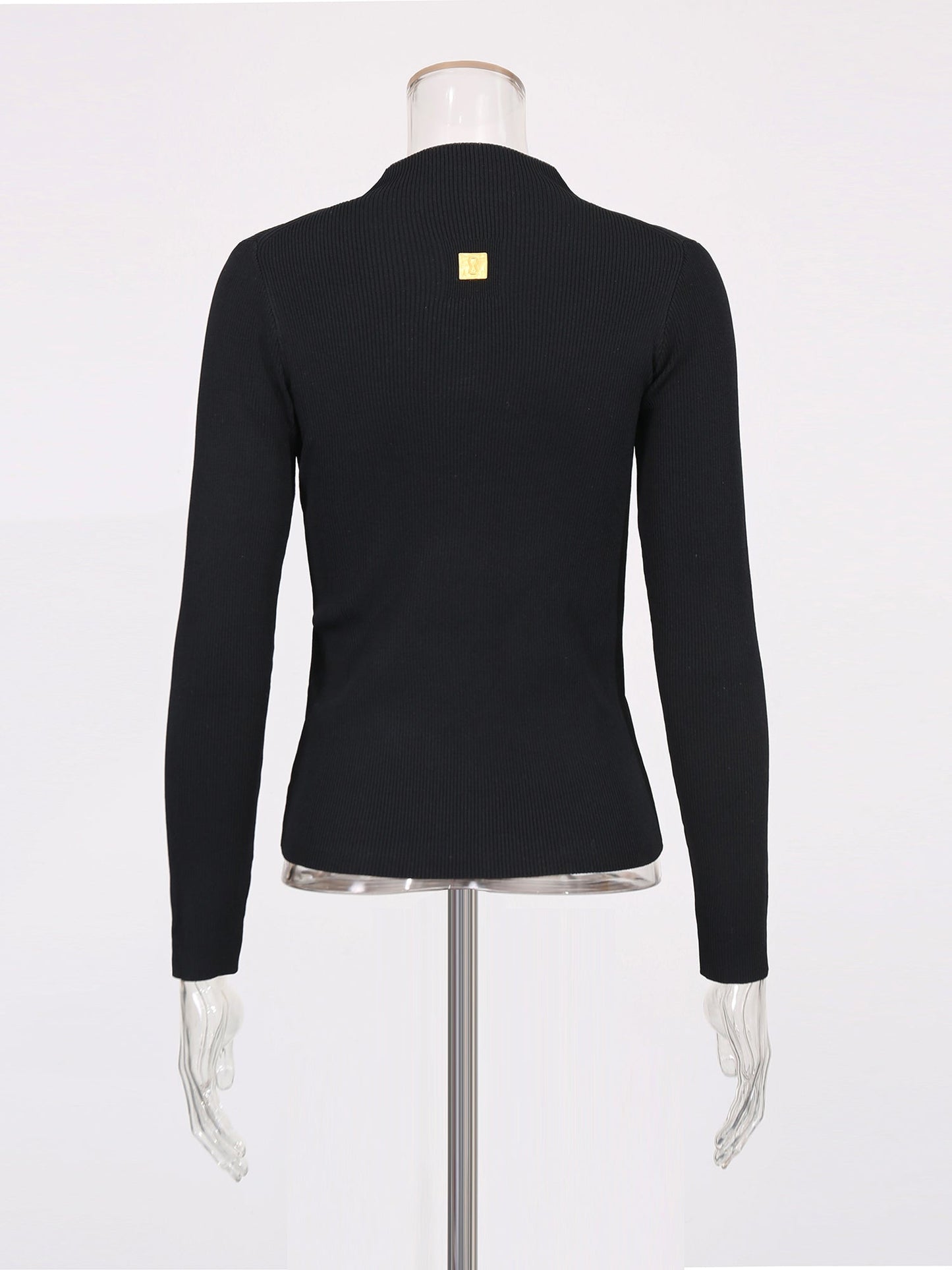 Black Ribbed Sweater with Gold Keyhole Embellishment - SISPELL