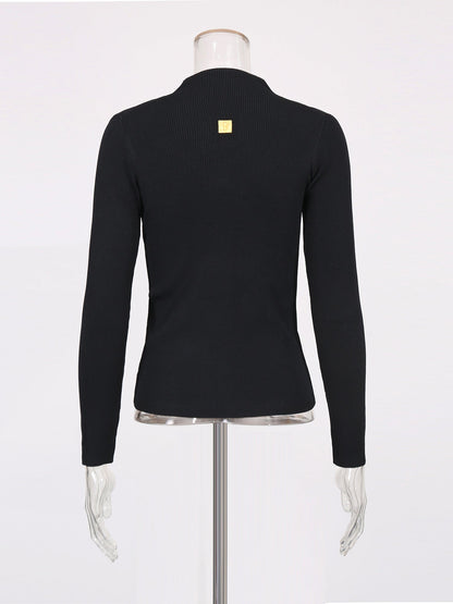 Black Ribbed Sweater with Gold Keyhole Embellishment - SISPELL