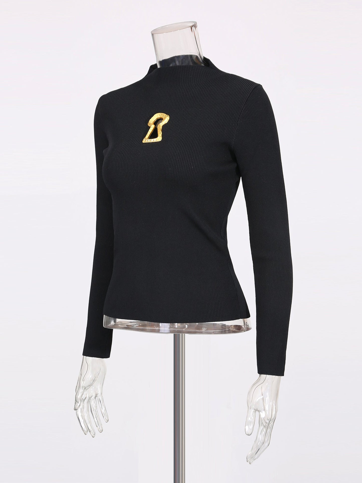 Black Ribbed Sweater with Gold Keyhole Embellishment - SISPELL