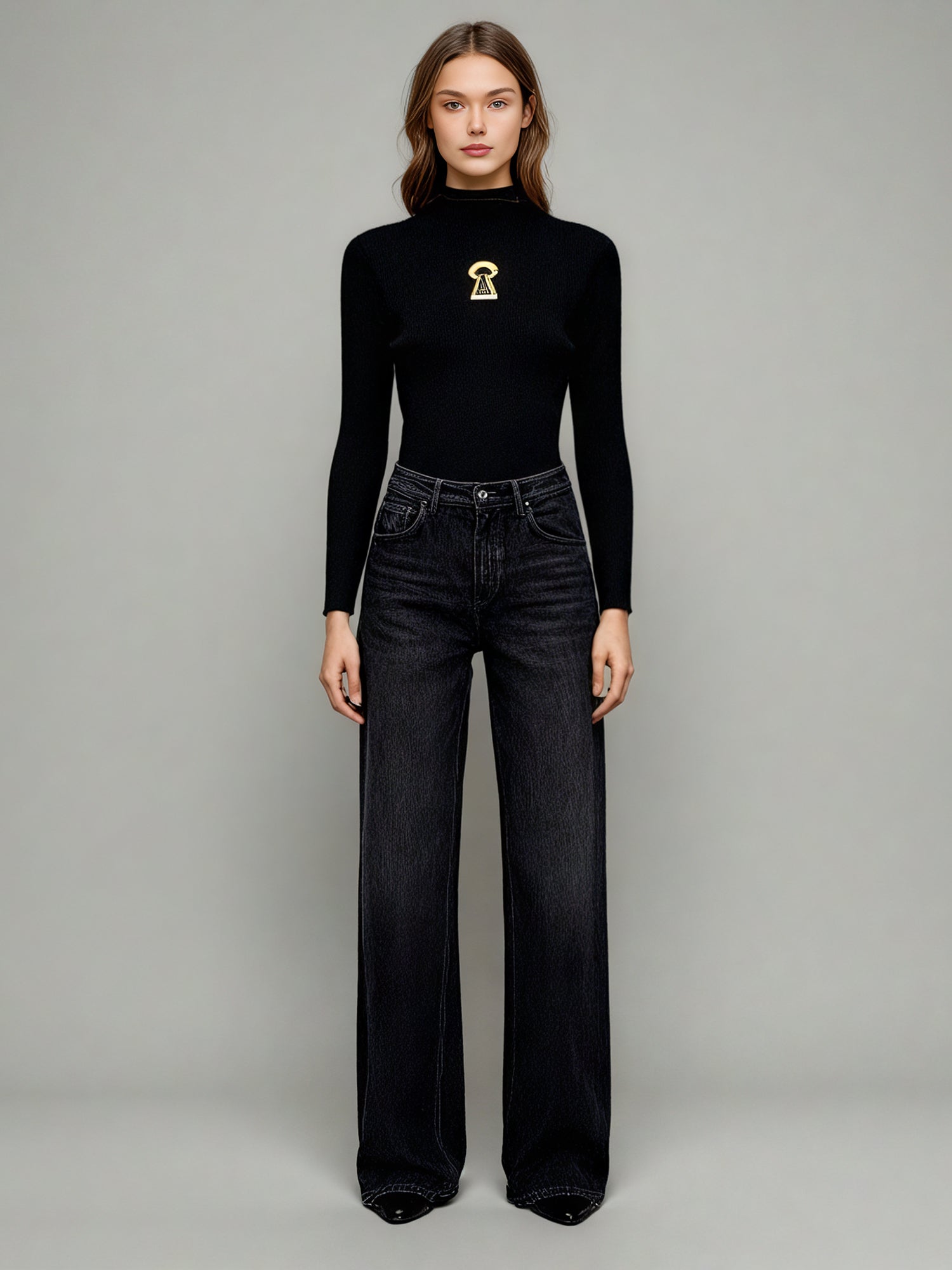 Black Ribbed Sweater with Gold Keyhole Embellishment - SISPELL