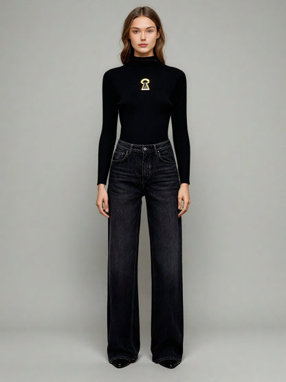 Black Ribbed Sweater with Gold Keyhole Embellishment - SISPELL