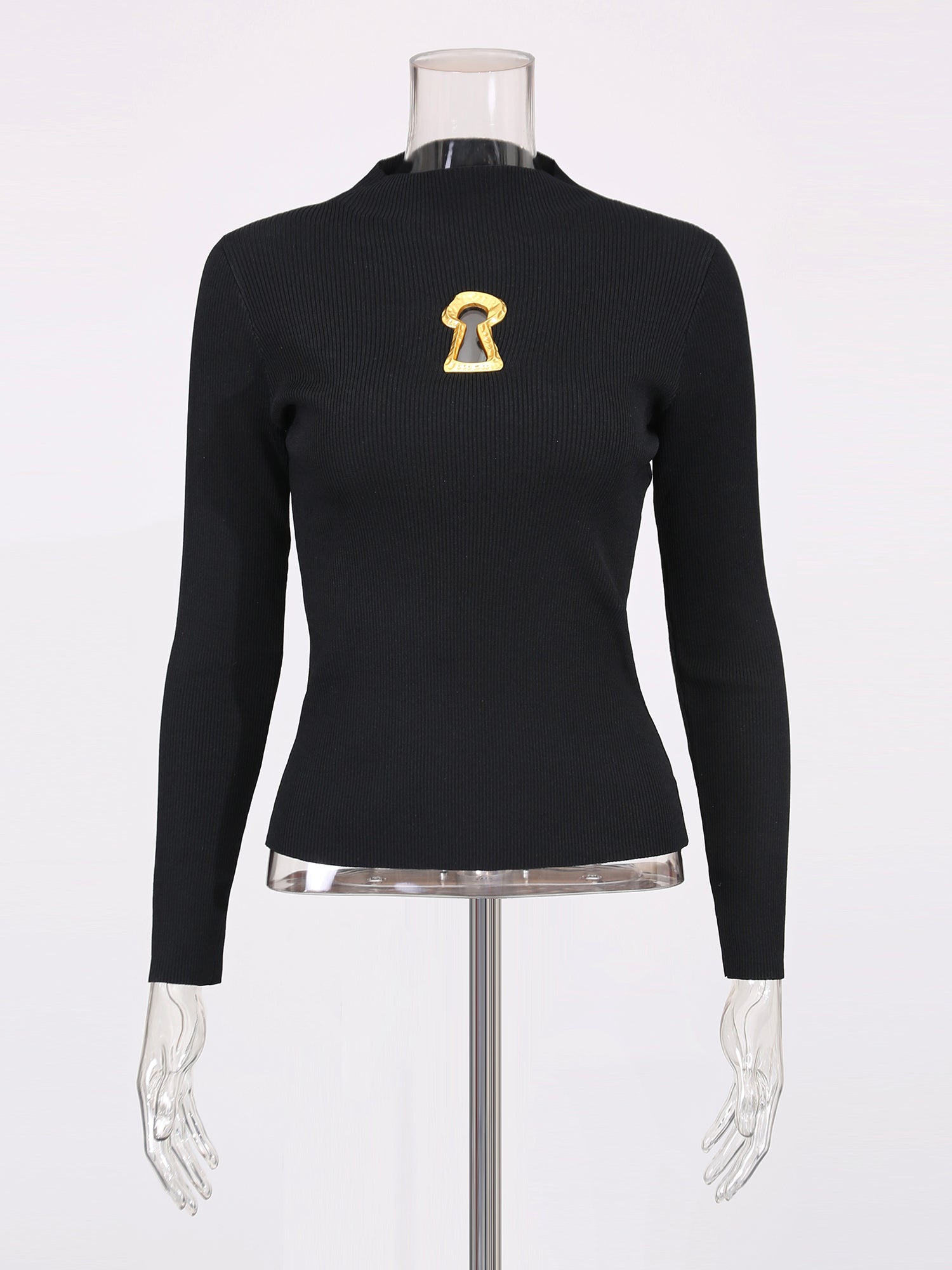 Black Ribbed Sweater with Gold Keyhole Embellishment - SISPELL