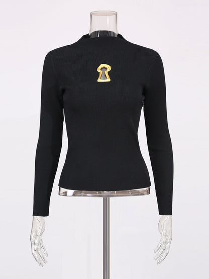 Black Ribbed Sweater with Gold Keyhole Embellishment - SISPELL
