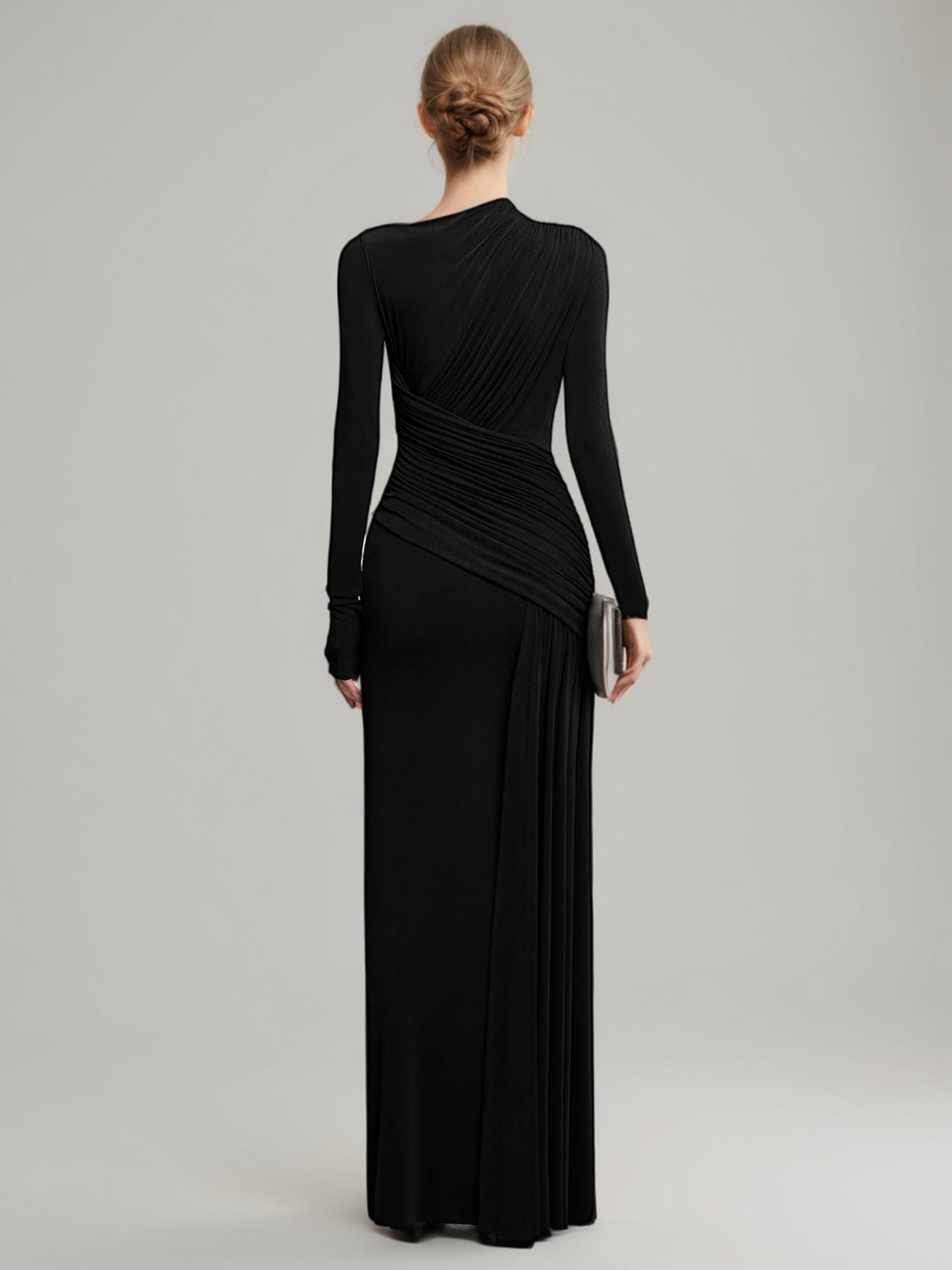 Black Ruched Long Sleeve Maxi Evening Dress - SISPELL