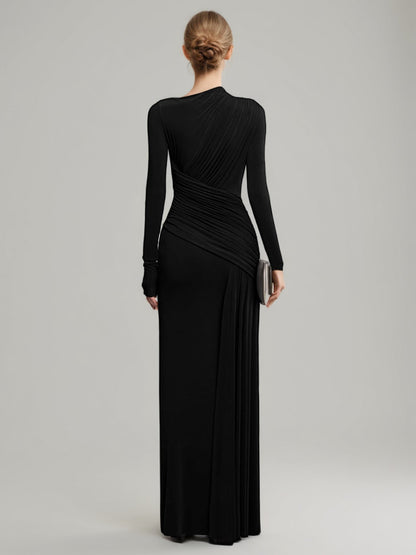 Black Ruched Long Sleeve Maxi Evening Dress - SISPELL