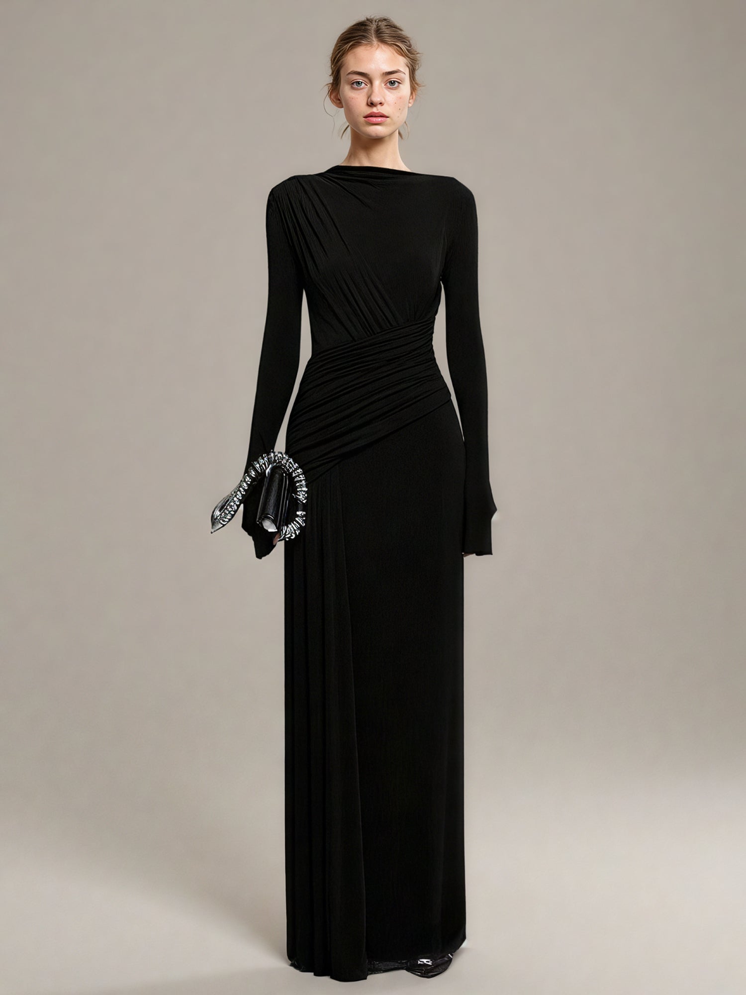Black Ruched Long Sleeve Maxi Evening Dress - SISPELL