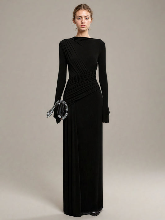 Black Ruched Long Sleeve Maxi Evening Dress - SISPELL