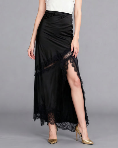 Black Satin Maxi Skirt with Black Lace - SISPELL