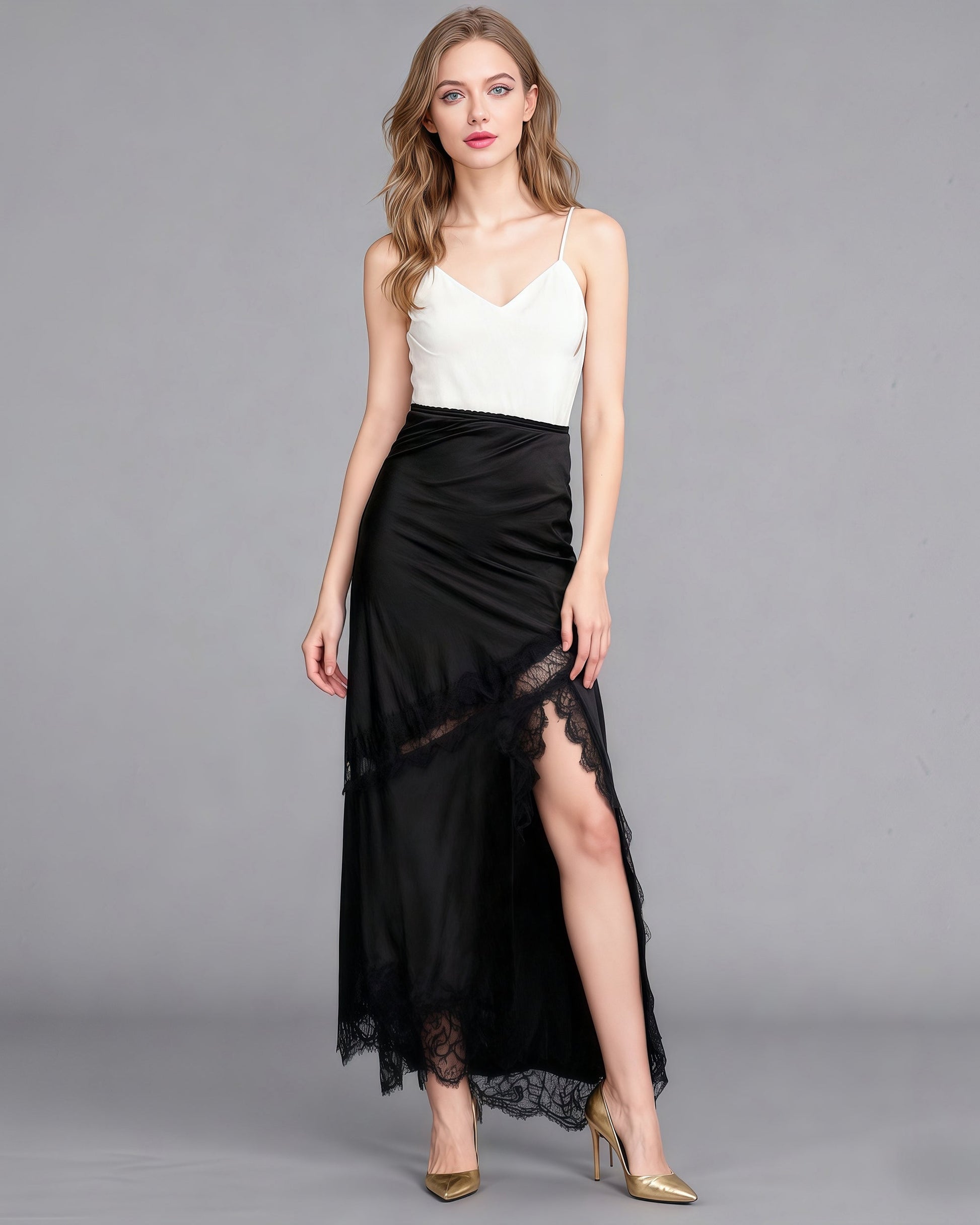 Black Satin Maxi Skirt with Black Lace - SISPELL