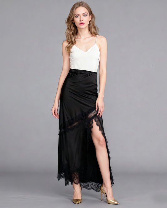 Black Satin Maxi Skirt with Black Lace - SISPELL