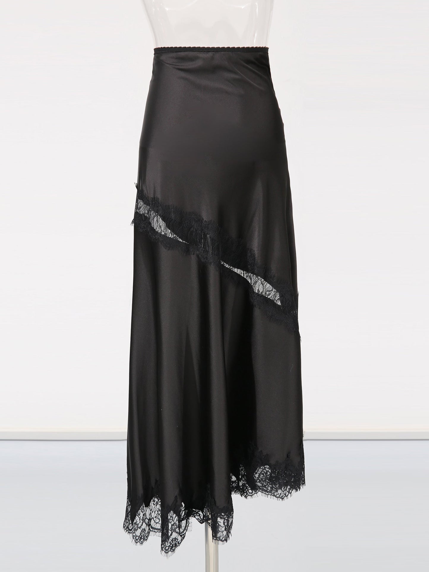 Black Satin Maxi Skirt with Black Lace - SISPELL