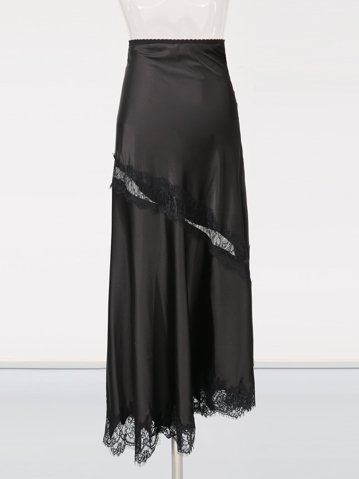 Black Satin Maxi Skirt with Black Lace - SISPELL