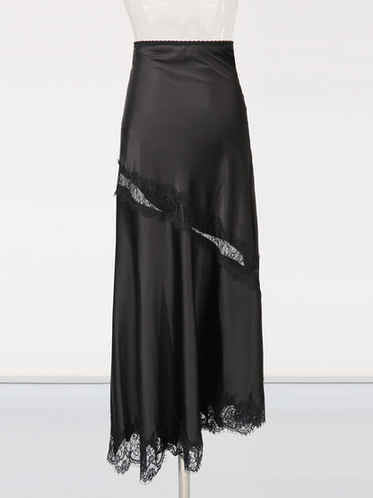 Black Satin Maxi Skirt with Black Lace - SISPELL