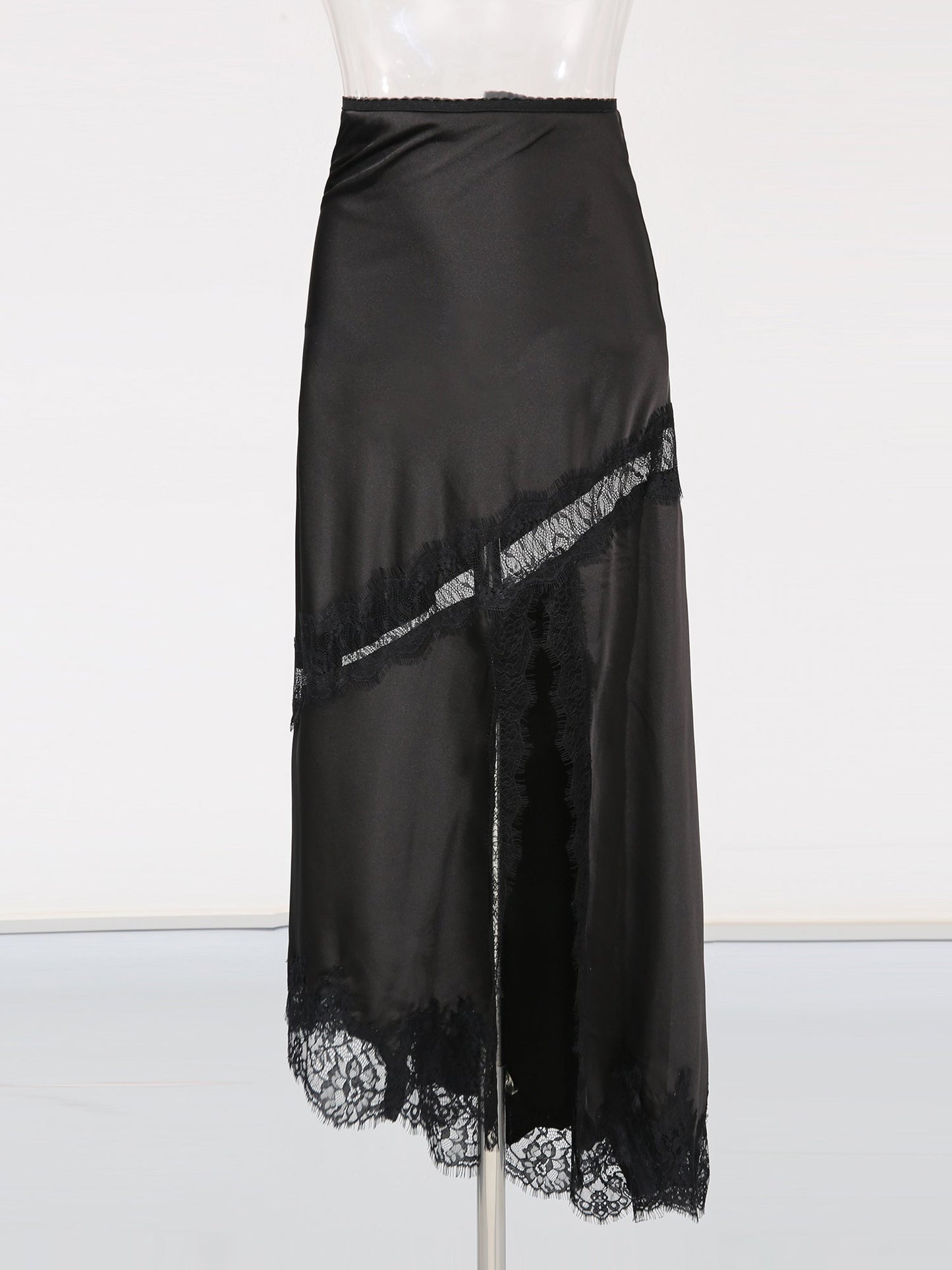 Black Satin Maxi Skirt with Black Lace - SISPELL