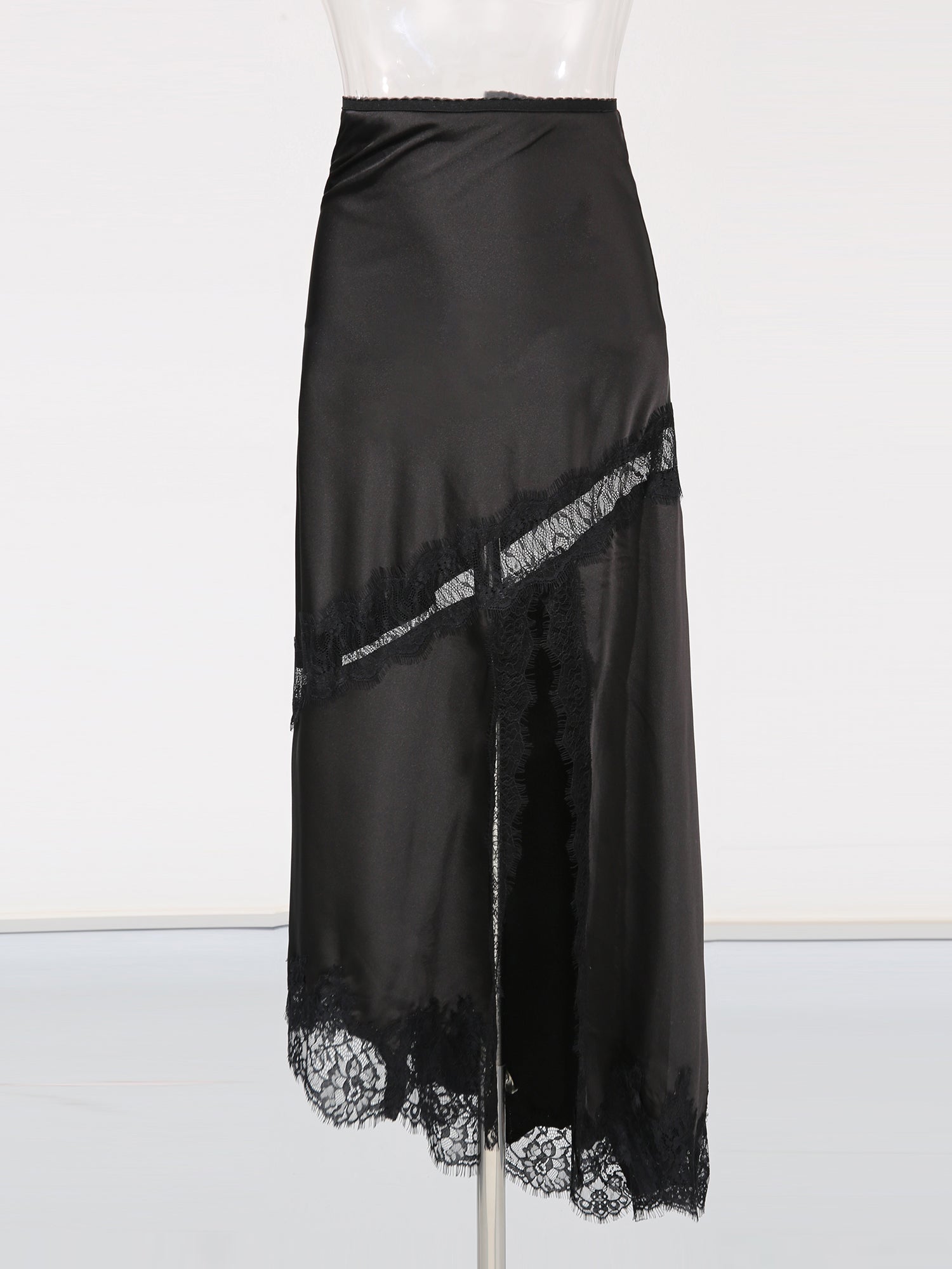 Black Satin Maxi Skirt with Black Lace - SISPELL