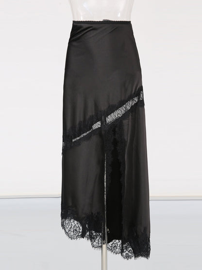 Black Satin Maxi Skirt with Black Lace - SISPELL