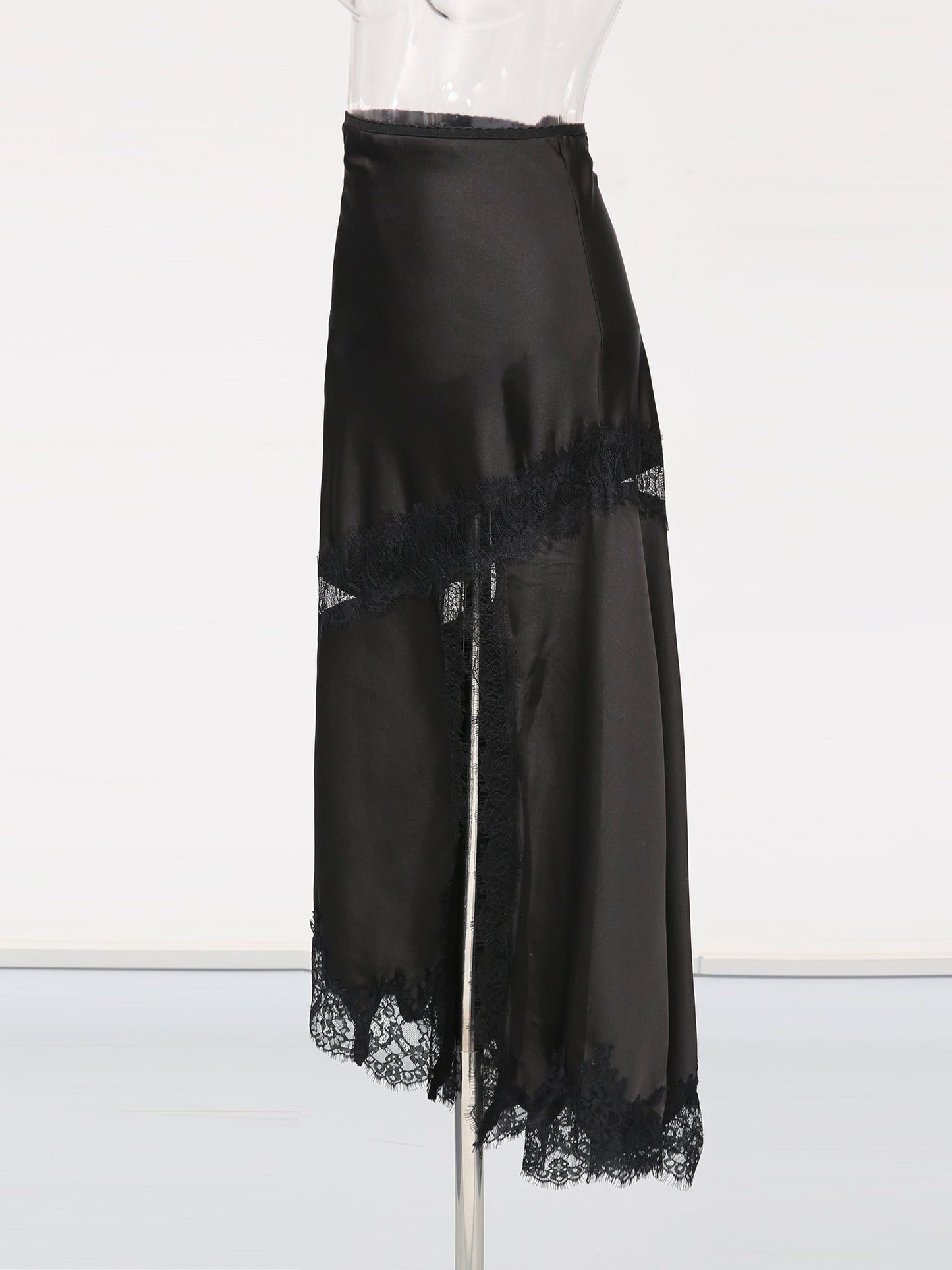 Black Satin Maxi Skirt with Black Lace - SISPELL