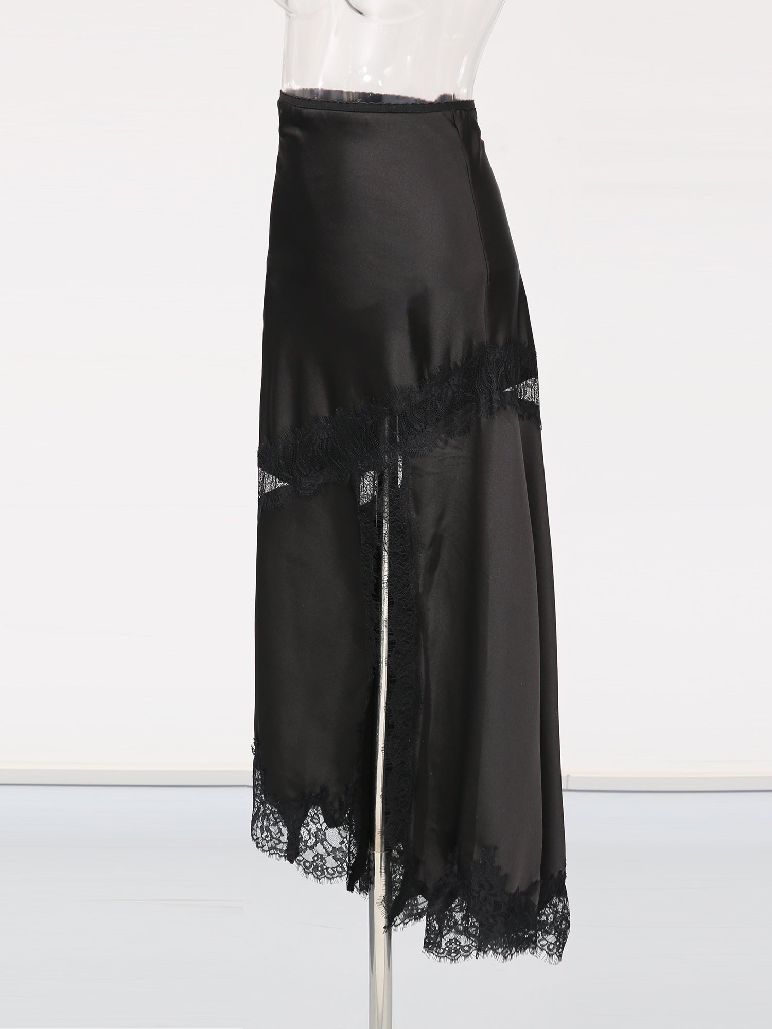 Black Satin Maxi Skirt with Black Lace - SISPELL