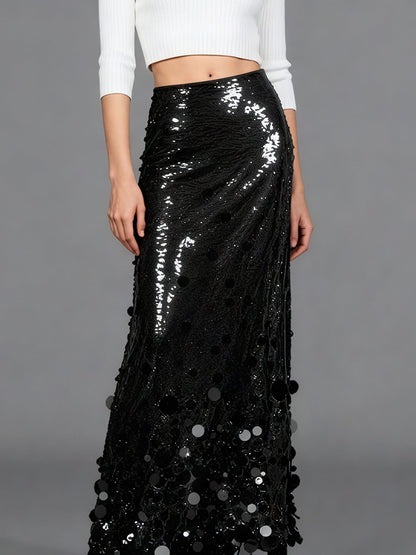Black Sequin Maxi Skirt with Glitter - SISPELL