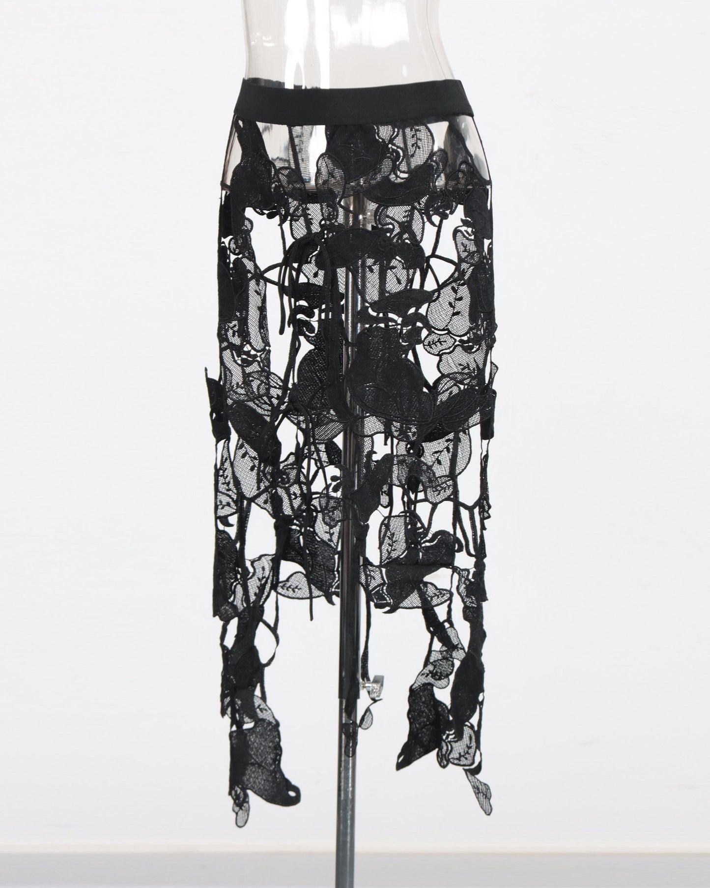 Black Sheer Lace Floral Midi Skirt - SISPELL