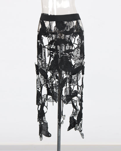 Black Sheer Lace Floral Midi Skirt - SISPELL