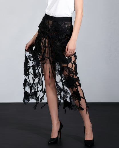Black Sheer Lace Floral Midi Skirt - SISPELL