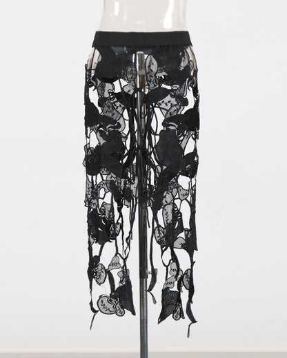 Black Sheer Lace Floral Midi Skirt - SISPELL