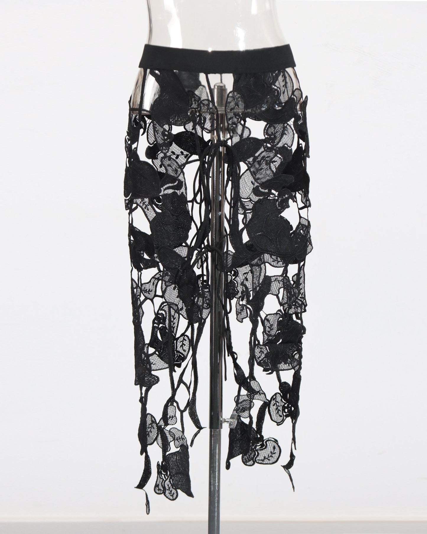 Black Sheer Lace Floral Midi Skirt - SISPELL