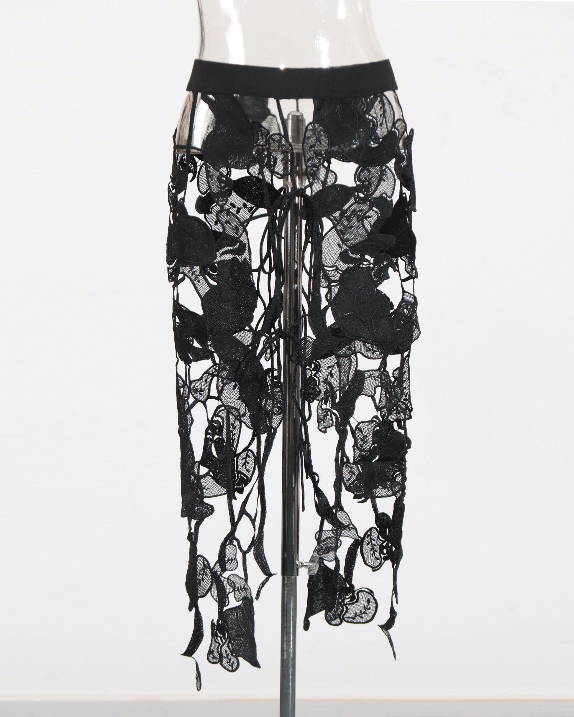 Black Sheer Lace Floral Midi Skirt - SISPELL