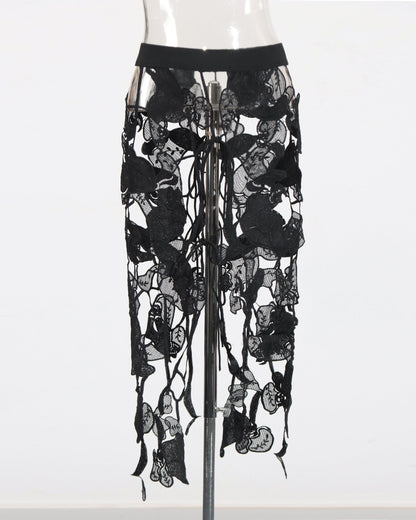 Black Sheer Lace Floral Midi Skirt - SISPELL
