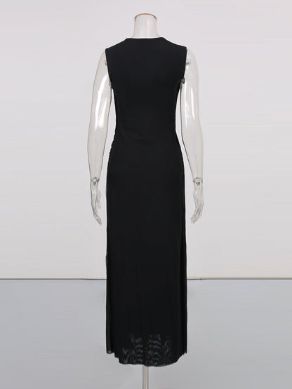Black Sleeveless Knotted Ruched Maxi Dress - SISPELL