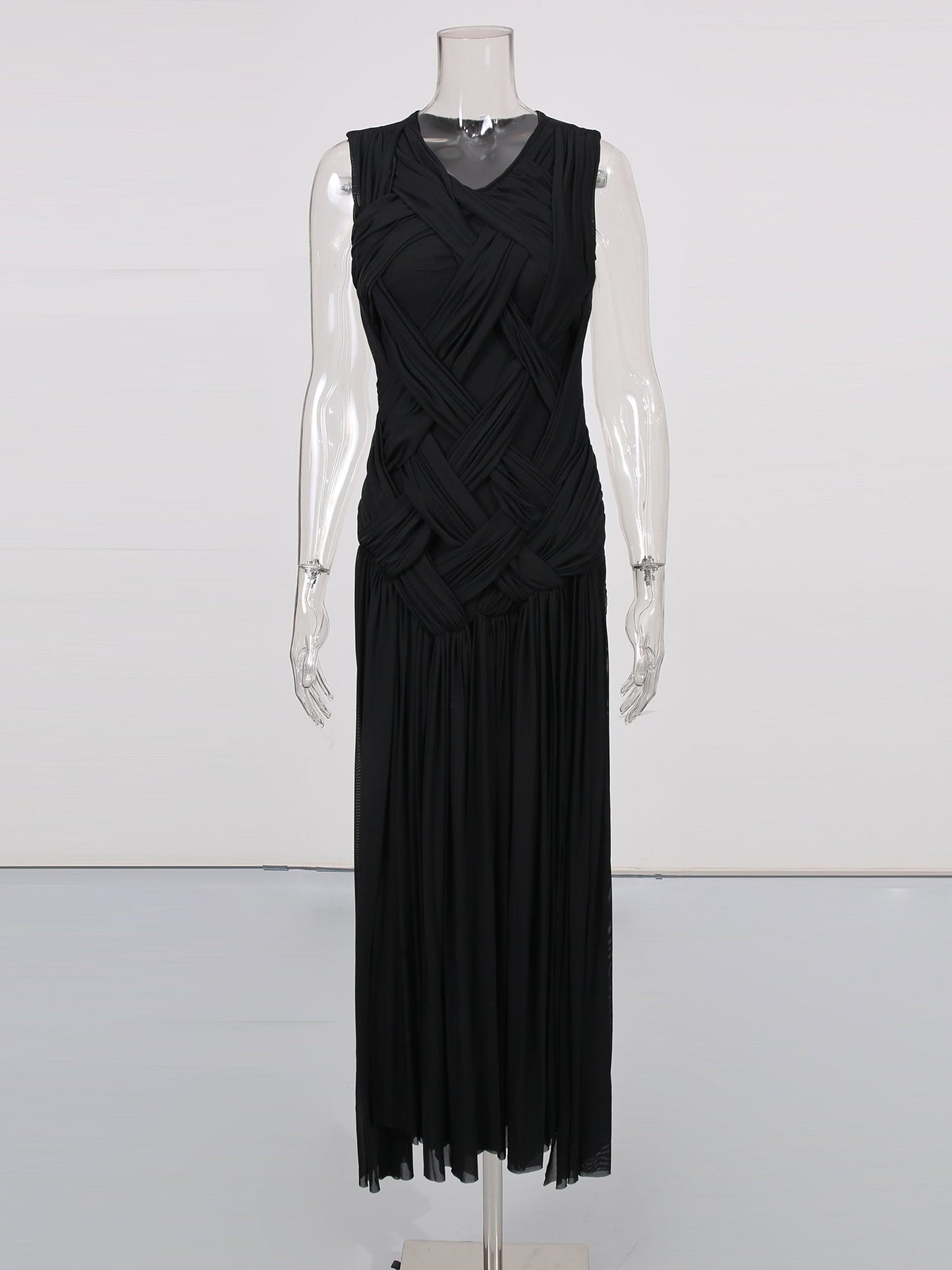Black Sleeveless Knotted Ruched Maxi Dress - SISPELL