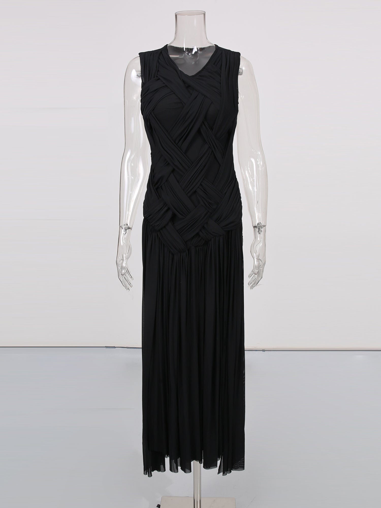 Black Sleeveless Knotted Ruched Maxi Dress - SISPELL