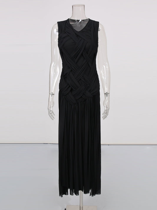 Black Sleeveless Knotted Ruched Maxi Dress - SISPELL