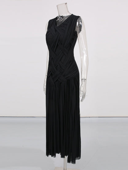 Black Sleeveless Knotted Ruched Maxi Dress - SISPELL