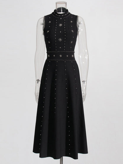 Black Sleeveless Midi Dress with Beaded & Studded Details - SISPELL