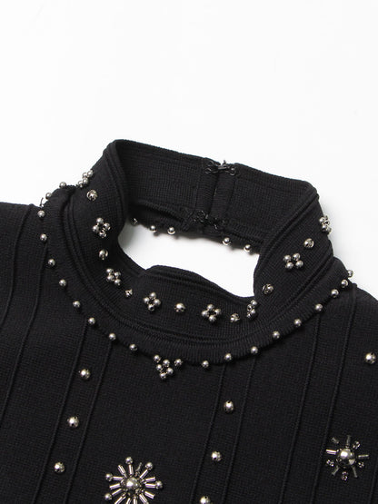 Black Sleeveless Midi Dress with Beaded & Studded Details - SISPELL