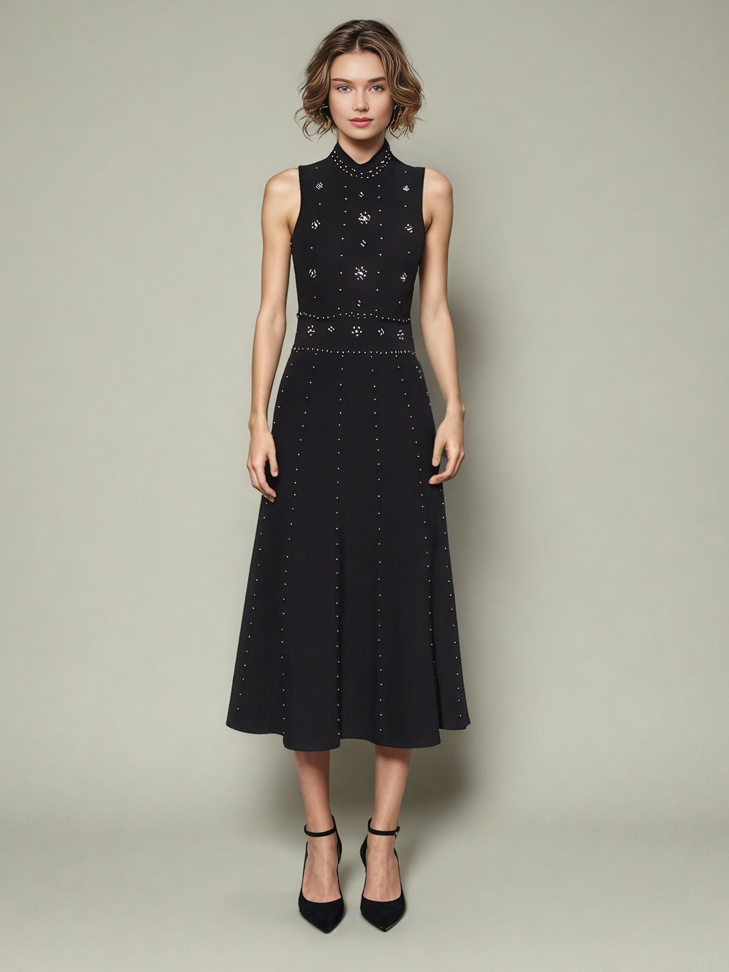 Black Sleeveless Midi Dress with Beaded & Studded Details - SISPELL