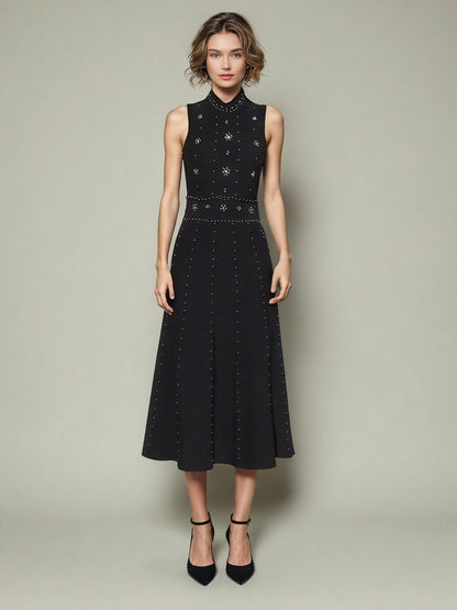 Black Sleeveless Midi Dress with Beaded & Studded Details - SISPELL