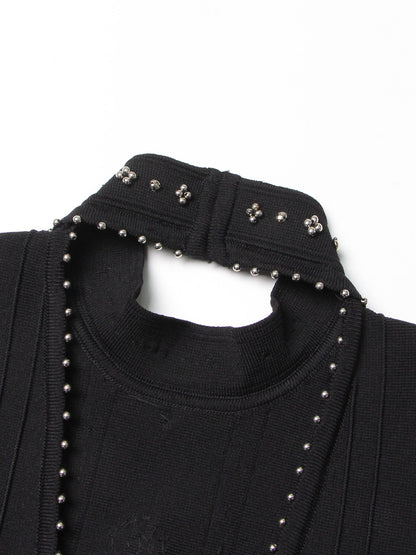 Black Sleeveless Midi Dress with Beaded & Studded Details - SISPELL