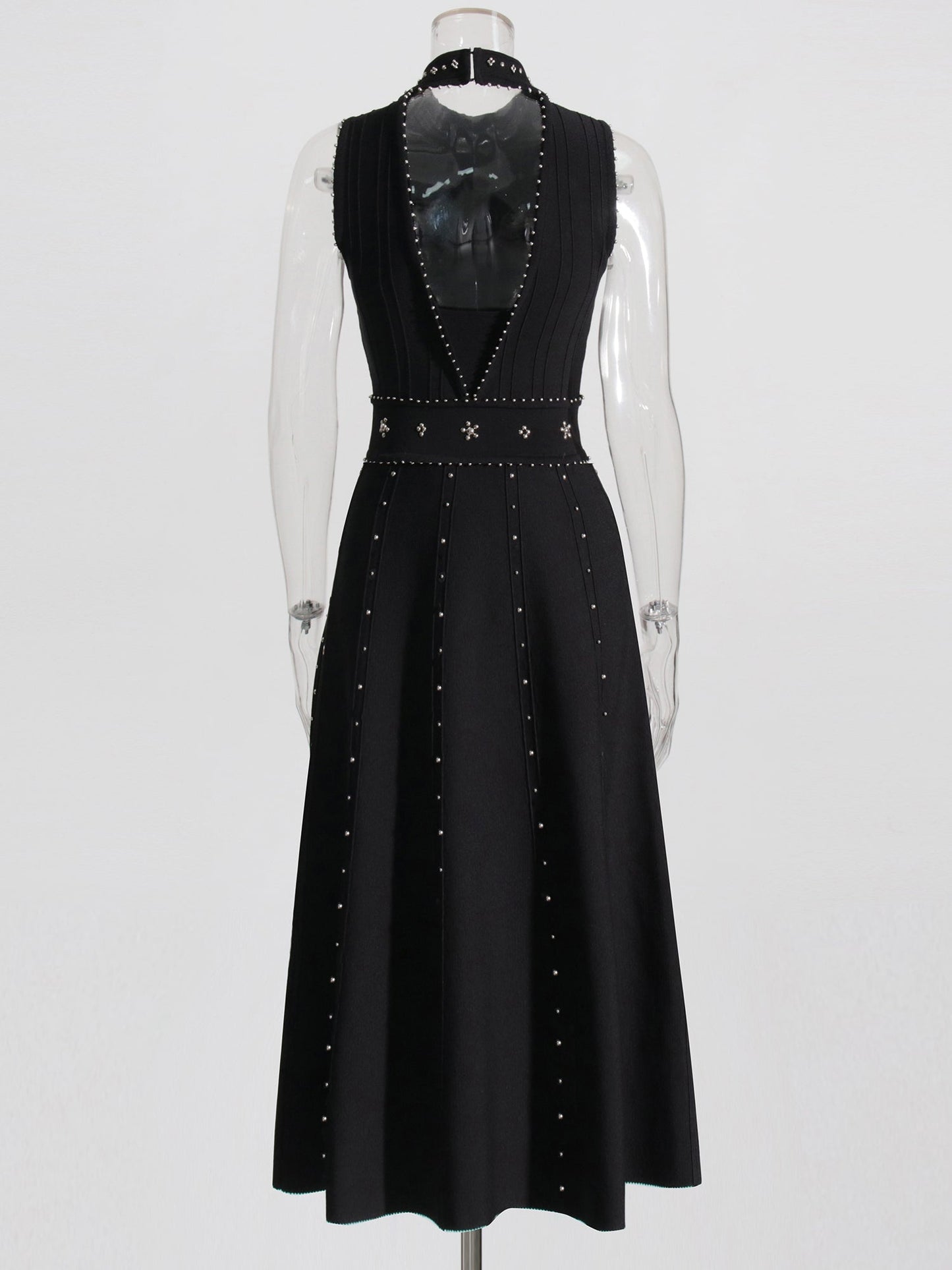 Black Sleeveless Midi Dress with Beaded & Studded Details - SISPELL