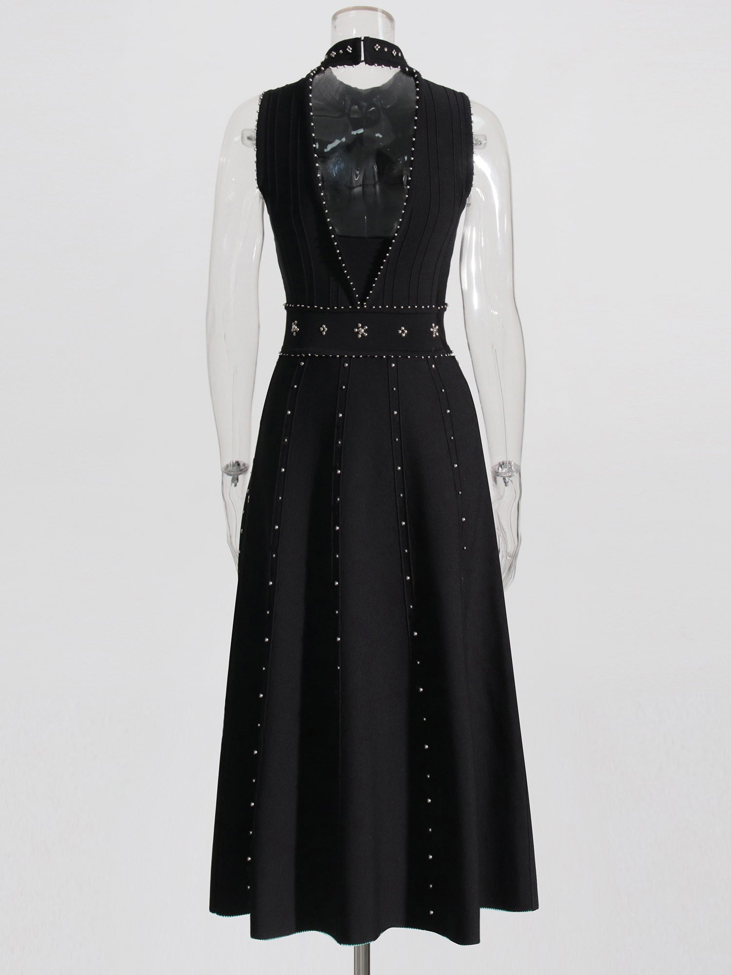 Black Sleeveless Midi Dress with Beaded & Studded Details - SISPELL
