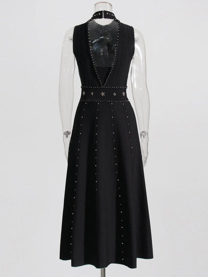 Black Sleeveless Midi Dress with Beaded & Studded Details - SISPELL