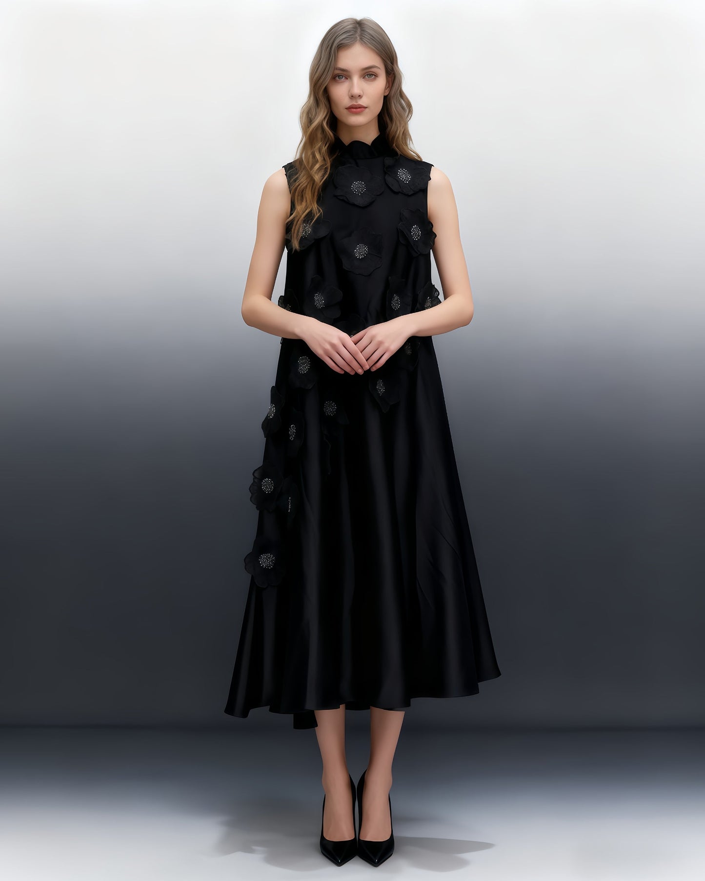 Black Sleeveless Midi Dress with Floral Lace & Pearl - SISPELL