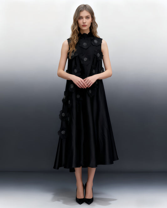 Black Sleeveless Midi Dress with Floral Lace & Pearl - SISPELL