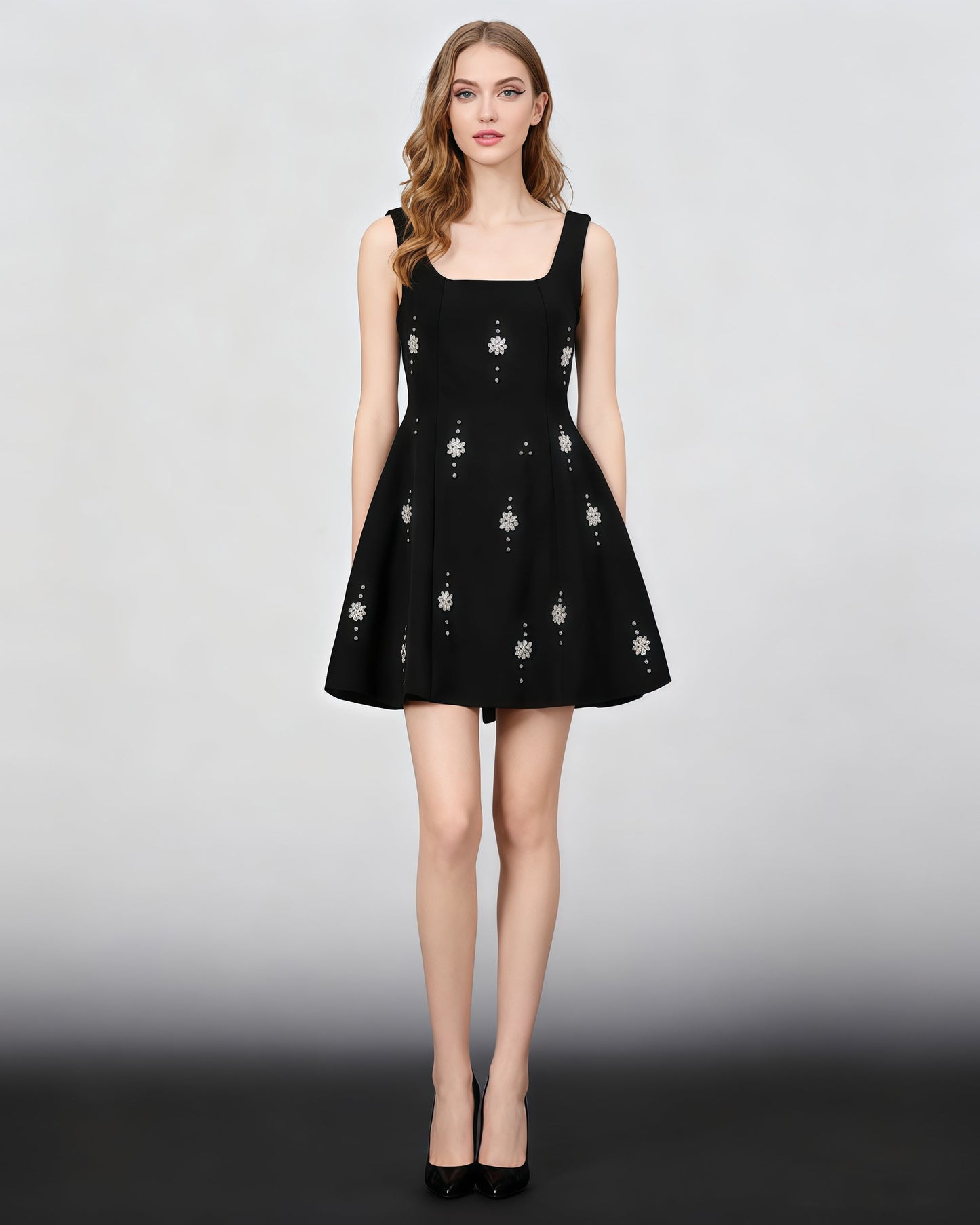 Black Square Neck Mini Dress with Crystal Florals - SISPELL