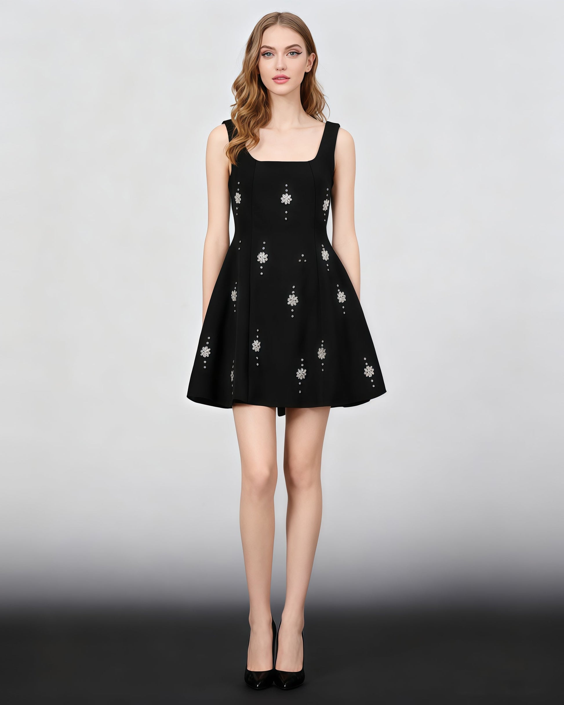 Black Square Neck Mini Dress with Crystal Florals - SISPELL